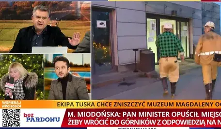 Jakub Wiech w studio telewizji wPolsce24 rozmawia z Mariolą Miodońską z kopalni