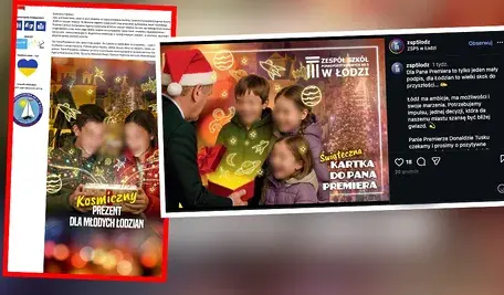 Donald Tusk uśmiechnięty rozdaje prezenty dzieciom w łódzkiej szkole ZSP5, fragment tekstu o akcji „Łódź bliżej gwiazd”. Kontrowersyjna inicjatywa z kartkami świątecznymi do premiera budzi oskarżenia o polityczną propagandę w szkołach. Zdjęcie symbolizuje spór o angażowanie uczniów w hołdy dla rządu. Idealne do viralowych dyskusji o edukacji i polityce w Polsce.