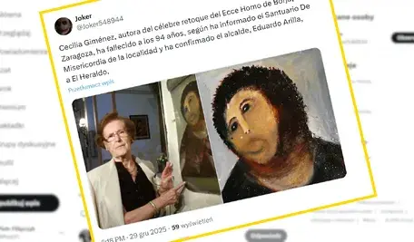 Cecilia Giménez pozuje przy swojej najsłynniejszej renowacji obrazie Ecce Homo