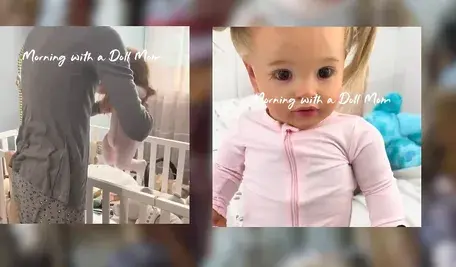 orosła kobieta trzyma realistyczną lalkę typu reborn, wyglądającą jak niemowlę; scena pokazuje opiekę nad lalką w sposób przypominający opiekę nad prawdziwym dzieckiem