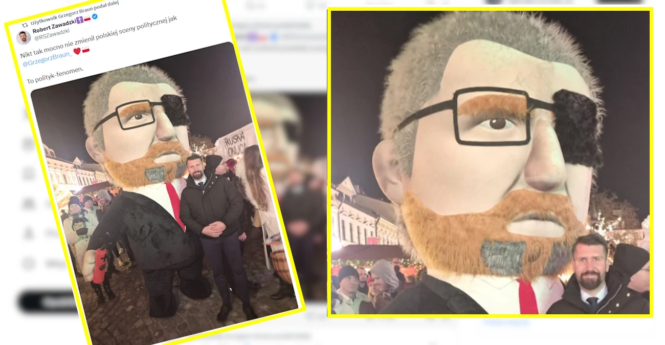 Kolejny polityczny show Grzegorza Brauna. Gigantyczna maskotka polityka