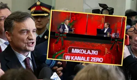 Polityk otoczony przez dziennikarzy podczas konferencji prasowej, obok kadr z programu publicystycznego w studiu telewizyjnym