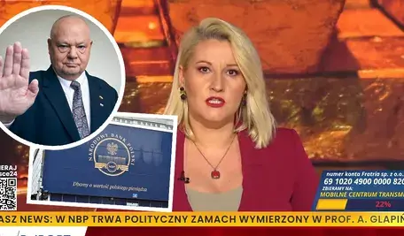 Zdjęcie Adama Glapińskiego, prezesa NBP i elewacji NBP, w tle stopklatka telewizi wPolsce24, w której źródło, pochodzące z materiału wideo, opisuje rzekomy "zamach" w Narodowym Banku Polskim (NBP), wymierzony bezpośrednio w prezesa Adama Glapińskiego. Pięciu członków zarządu, wywodzących się ze środowisk prawicowych, ma od kilku tygodni próbować odebrać prezesowi kluczowe kompetencje poprzez likwidację ważnych departamentów i przejęcie kontroli nad wydatkami instytucji.