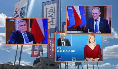 Emblemat TVP zestawiony z fragmentami audycji emitowanych w telewizji publicznej.