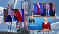 Emblemat TVP zestawiony z fragmentami audycji emitowanych w telewizji publicznej.