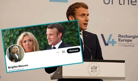 Emmanuel Macron na tle zrzutu ekranu z profilu jego żony na platformie X