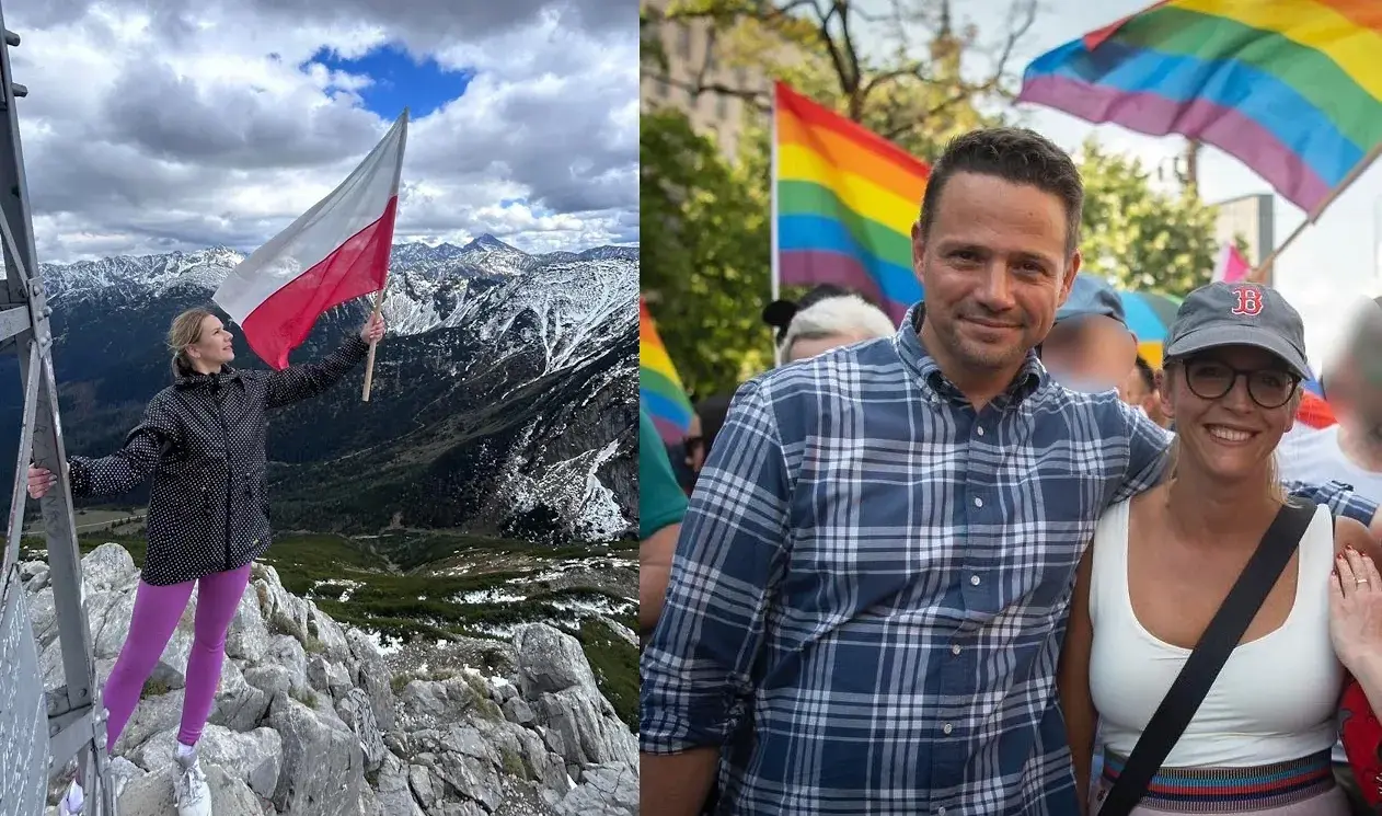 Marta Nawrocka z flagą Polski (fot. x.com @DanielNawrocki) państwo Trzaskowscy pod flagą LGBT (fot. Twitter/Rafał Trzaskowski)