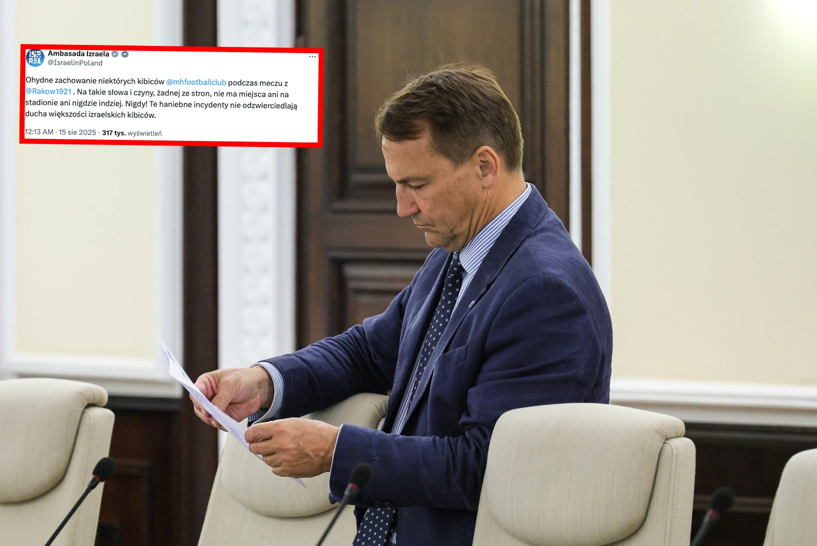 Zaskakujący komunikat ambasady Izraela w reakcji na skandaliczne zachowanie kibiców. Dziwna reakcja ministra Markoego