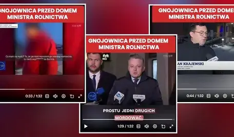 Kolaż trzech zdjęć i zrzutów ekranu: rozlana brunatna gnojowica przed domem ministra rolnictwa Stefana Krajewskiego, mężczyzna w masce przy zbiorniku, minister w garniturze oraz protest rolników z transparentami. Grafiki z nagłówkami „Gnojowica przed domem ministra rolnictwa” i „Prosto jedziemy” ilustrują incydent z 9 stycznia 2026 r..