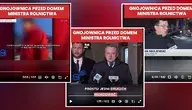 Kolaż trzech zdjęć i zrzutów ekranu: rozlana brunatna gnojowica przed domem ministra rolnictwa Stefana Krajewskiego, mężczyzna w masce przy zbiorniku, minister w garniturze oraz protest rolników z transparentami. Grafiki z nagłówkami „Gnojowica przed domem ministra rolnictwa” i „Prosto jedziemy” ilustrują incydent z 9 stycznia 2026 r..
