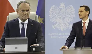 (fot. po lewej stronie premier Donald Tusk przed rozpoczęciem posiedzenia rządu w KPRM w Warszawie, 13 bm. Rada Ministrów zajmie się m.in. projektem nowelizacji ordynacji podatkowej. Po prawej stronie b. premier Mateusz Morawiecki)