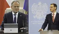 (fot. po lewej stronie premier Donald Tusk przed rozpoczęciem posiedzenia rządu w KPRM w Warszawie, 13 bm. Rada Ministrów zajmie się m.in. projektem nowelizacji ordynacji podatkowej. Po prawej stronie b. premier Mateusz Morawiecki)