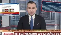 Reporter telewizji wPolsce24 prezentuje oświadczenie policji w sprawie przesłuchań dzieci w Kielnie.