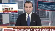 Reporter telewizji wPolsce24 prezentuje oświadczenie policji w sprawie przesłuchań dzieci w Kielnie.