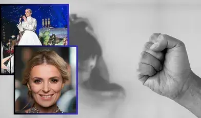 Portret Haliny Mlynkovej oraz symboliczna grafika przedstawiająca zaciśniętą pięść i zarys osoby w cieniu.