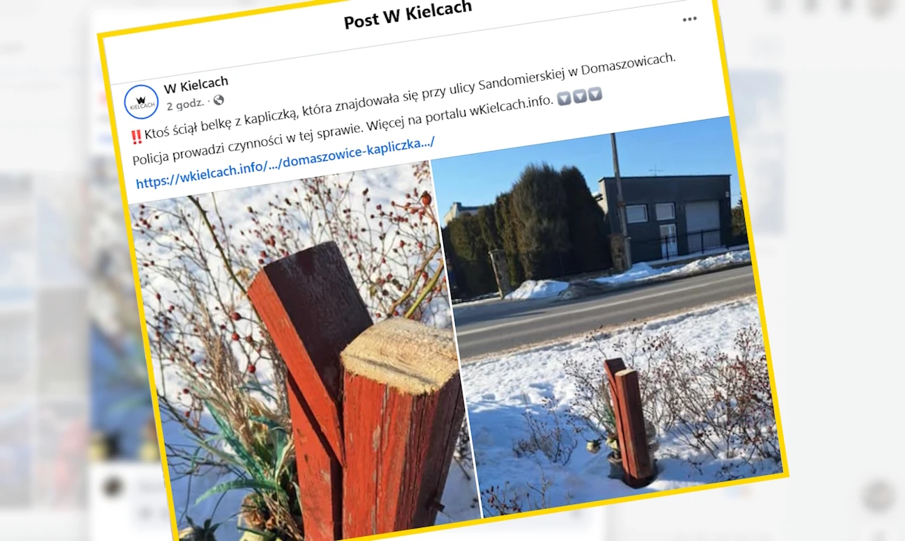 Bezbożny akt pod Kielcami. Ktoś ściął piłą przydrożną kapliczkę Matki Bożej