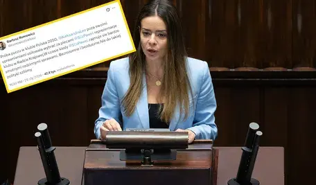 Aleksandra Leo na sejmowej trybunie, a w tle wpis jej partyjnego kolegi, który oskarża ją o pucz