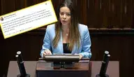 Aleksandra Leo na sejmowej trybunie, a w tle wpis jej partyjnego kolegi, który oskarża ją o pucz