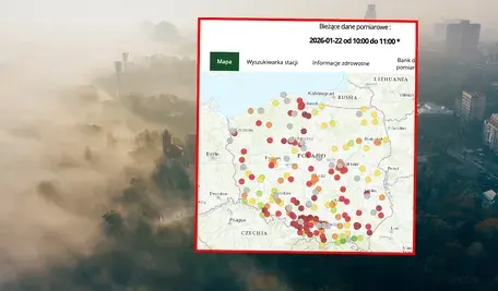 Mapa jakości powietrza w Polsce 22 stycznia 2026 r. o godz. 10:00, z zaznaczonymi stacjami pomiarowymi w kolorach od zielonego (dobra) po czerwony i fioletowy (bardzo zła jakość, smog). Widoczne skupiska czerwonych i fioletowych punktów na Śląsku, w Małopolsce (Kraków), na Mazowszu (Warszawa) i Podkarpaciu, ilustrujące falę smogu w ostatnich tygodniach stycznia.
