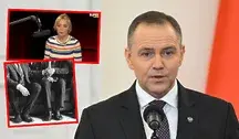 Kompozycja zdjęć: Joanna Miziołek w kolorowym swetrze siedzi przed mikrofonem z logo Super Expressu (wstawka górna lewa), obok mężczyzna w garniturze ściska dłoń drugiemu siedzącemu obok mężczyźnie (dolna lewa), oraz prezydent Karol Nawrocki w ciemnym garniturze, białej koszuli i granatowym krawacie przemawia z uniesioną ręką i emblematem na klapie marynarki na czerwonym tle (prawa górna). Ilustracja politycznych kulis z udziałem dziennikarki i prominentnych polityków.​