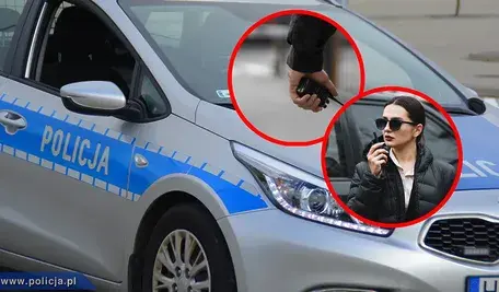Policja zatrzymuje kierowcę: radiowóz z napisem "POLICJA" na szarym tle, ręka policjanta z blokadą na kierownicy za szybą (czerwone kółko), wstawka kobiety w okularach przeciwsłonecznych i czarnym płaszczu z radiem przy uchu (czerwone kółko). Ilustracja policyjnej kontroli drogowej i mandatów.