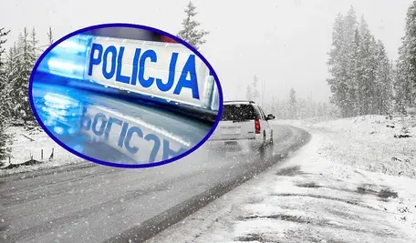 Biały samochód jadący ulicą podczas opadów śniegu oraz zdjęcie sygnalizacji świetlnej policyjnego radiowozu.