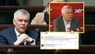 Tomasz Siemoniak podczas posiedzenia Sejmu, obok zdjęcie z rozmowy na antenie Radia Zet oraz zrzut ekranu z platformy x.com.