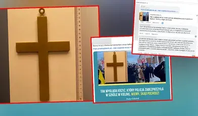 Montaż graficzny z dużym drewnianym krzyżem z metalową miarką obok zdjęcia protestu z krzyżami i flagami, wkomponowany w zrzuty ekranu postów Facebook z komentarzami o polityce i religii.