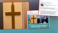 Montaż graficzny z dużym drewnianym krzyżem z metalową miarką obok zdjęcia protestu z krzyżami i flagami, wkomponowany w zrzuty ekranu postów Facebook z komentarzami o polityce i religii.