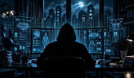 Haker siedzący tyłem przed komputerem w ciemnym pomieszczeniu, na monitorach widoczne niebieskie interfejsy danych medycznych i kod komputerowy symbolizujące cyberatak na systemy ochrony zdrowia.