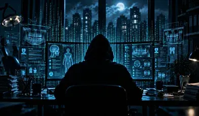 Haker siedzący tyłem przed komputerem w ciemnym pomieszczeniu, na monitorach widoczne niebieskie interfejsy danych medycznych i kod komputerowy symbolizujące cyberatak na systemy ochrony zdrowia.