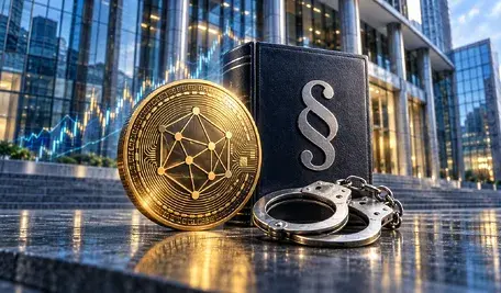 Symboliczna ilustracja: token kryptowalutowy, kodeks z symbolem paragrafu i kajdanki na tle przeszklonego gmachu instytucji finansowej