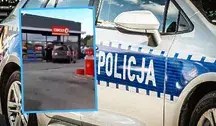Radiowóz policyjny i zdjęcie ze zdarzenia na stacji paliw