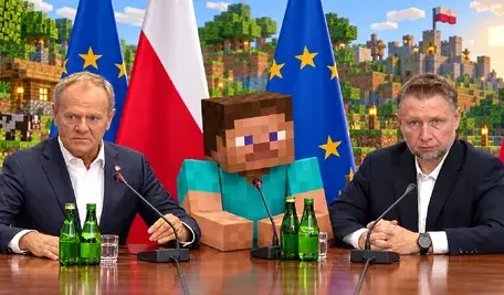 Fotomontaż przedstawiający Donalda Tuska i ministra przy konferencyjnym stole, z postacią Minecrafta oraz światem gry w tle