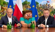 Fotomontaż przedstawiający Donalda Tuska i ministra przy konferencyjnym stole, z postacią Minecrafta oraz światem gry w tle