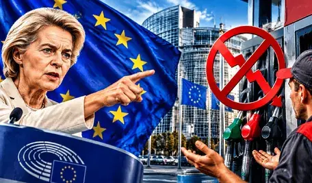 Fotomontaż przedstawiający Ursulę von der Leyen przy podium z symbolem Unii Europejskiej, flagę UE oraz stację benzynową z dystrybutorami paliwa i kierowcę