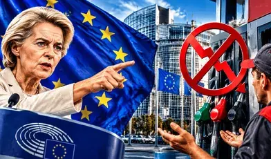 Fotomontaż przedstawiający Ursulę von der Leyen przy podium z symbolem Unii Europejskiej, flagę UE oraz stację benzynową z dystrybutorami paliwa i kierowcę
