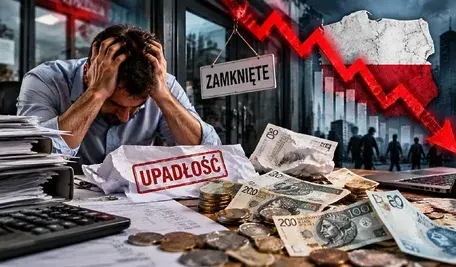Przedsiębiorca z problemami finansowymi przy dokumentach, pieniądzach i symbolu upadłości firmy