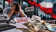 Przedsiębiorca z problemami finansowymi przy dokumentach, pieniądzach i symbolu upadłości firmy