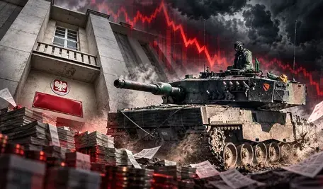 Dramatyczna grafika przedstawiająca nowoczesny czołg wojskowy na tle budynku instytucji kontrolnej. Kompozycja symbolizuje napięcie między bezpieczeństwem militarnym a finansami publicznymi. W tle widoczne są ciemne chmury, czerwony wykres spadkowy oraz dokumenty symbolizujące kontrolę i zadłużenie.