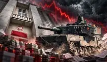 Dramatyczna grafika przedstawiająca nowoczesny czołg wojskowy na tle budynku instytucji kontrolnej. Kompozycja symbolizuje napięcie między bezpieczeństwem militarnym a finansami publicznymi. W tle widoczne są ciemne chmury, czerwony wykres spadkowy oraz dokumenty symbolizujące kontrolę i zadłużenie.