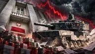 Dramatyczna grafika przedstawiająca nowoczesny czołg wojskowy na tle budynku instytucji kontrolnej. Kompozycja symbolizuje napięcie między bezpieczeństwem militarnym a finansami publicznymi. W tle widoczne są ciemne chmury, czerwony wykres spadkowy oraz dokumenty symbolizujące kontrolę i zadłużenie.