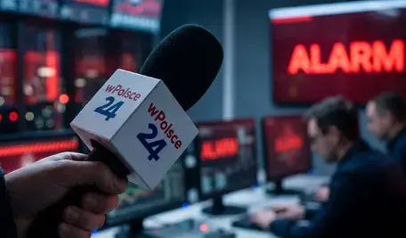 Dłoń trzymająca na pierwszym planie mikrofon stacji wPolsce24 na tle serwerowni i monitorów z czerwonym napisem ALARM oraz wykresami cyberataku DDoS.