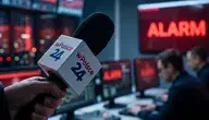 Dłoń trzymająca na pierwszym planie mikrofon stacji wPolsce24 na tle serwerowni i monitorów z czerwonym napisem ALARM oraz wykresami cyberataku DDoS.