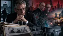Ilustracja przedstawiająca byłego szefa niemieckiego wywiadu Augusta Hanninga na tle Władimira Putina, Kremla i powiązań geopolitycznych z Azerbejdżanem.