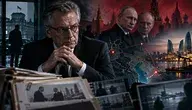 Ilustracja przedstawiająca byłego szefa niemieckiego wywiadu Augusta Hanninga na tle Władimira Putina, Kremla i powiązań geopolitycznych z Azerbejdżanem.