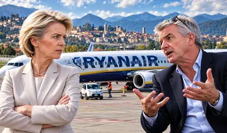 Ursula von der Leyen i Michael O’Leary na tle samolotu Ryanair podczas sporu o unijne podatki lotnicze