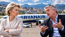 Ursula von der Leyen i Michael O’Leary na tle samolotu Ryanair podczas sporu o unijne podatki lotnicze