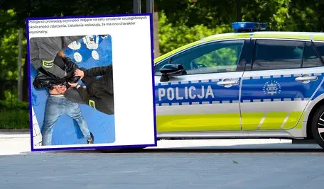 Radiowóz policyjny i zdjęcie z zatrzymania nożownika