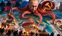Władimir Putin przedstawiony jako czerwona ośmiornica oplatająca Europę, z mackami sięgającymi Paryża, Rzymu i Nicei. W tle cyberataki, zamieszki uliczne i symbol sierpa i młota.